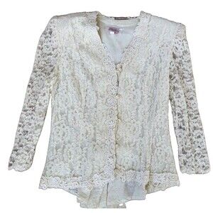 Vintage Zeeba‎ New York Ivory Lace Blazer Jacket Women M Pearl Buttons Shoulder
